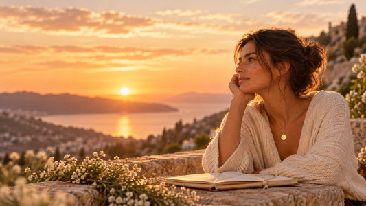 Une femme portant un pendentif doré contemple le coucher du soleil sur la mer, assise à une table en pierre avec un carnet ouvert devant elle.