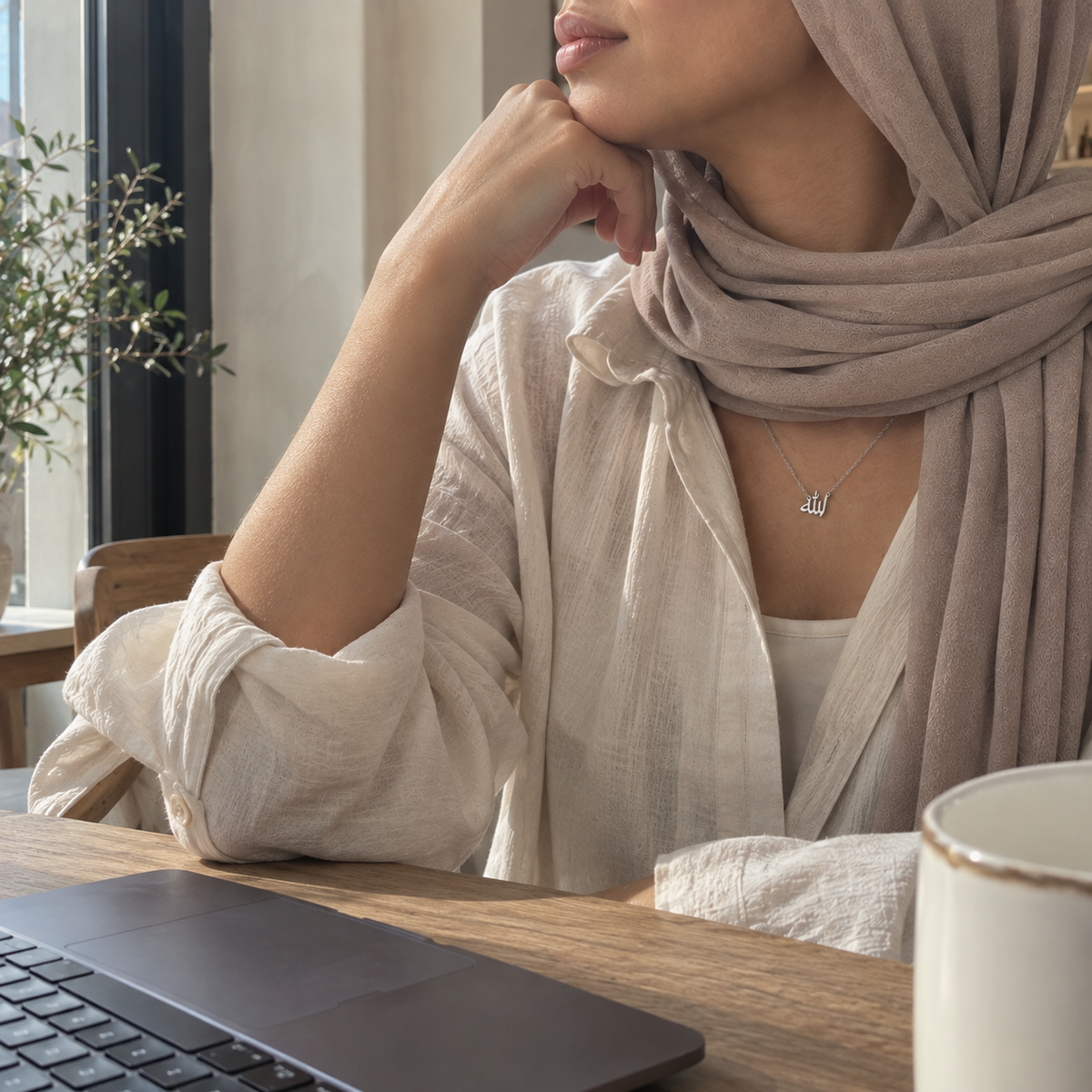 Collier Allah doré porté avec hijab blanc